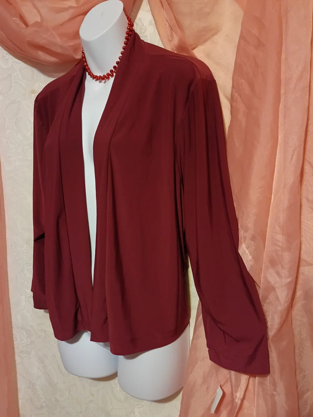 Women’s Open-Front Burgundy Polyester Cardigan